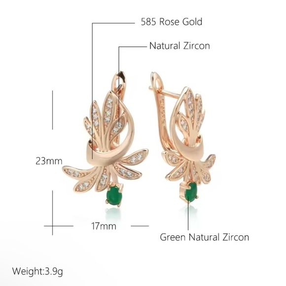 Zircon 585 Rose Gold Flower Leaf Vintage Earrings - Picture 2 of 5